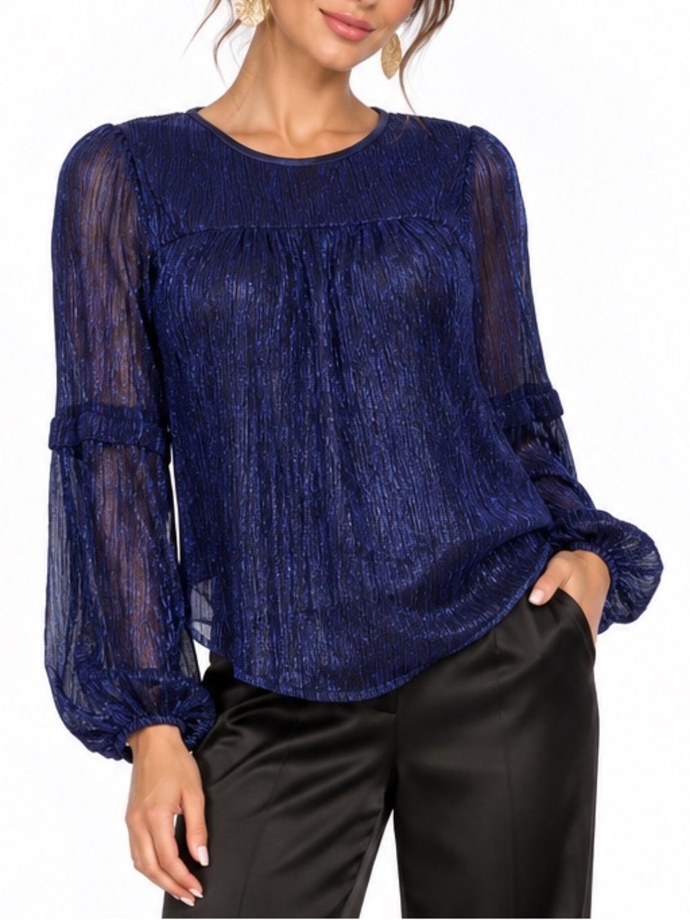 Moulinette Soeurs Anthropologie Ruffled Metallic Blue Sheer Sleeve Blouse SMALL